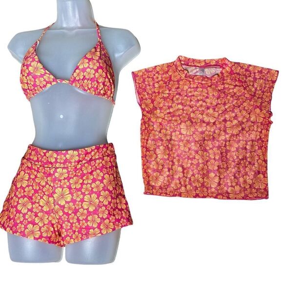 Shein Orange Pink Floral Y2K Neon Orange Sheer Two Piece Swimsuit - Picture 6 of 9